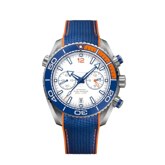Ocean Diver Chrono 45 – White Dial With Blue & Orange Accents | Stainless Steel Bracelet